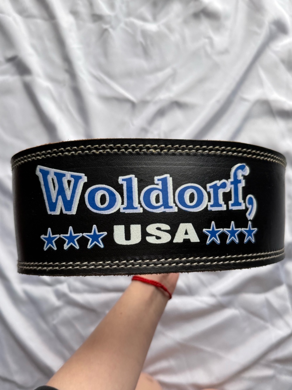 Woldorf USA Embroidered Leather Weightlifting Belt - Black & Blue
